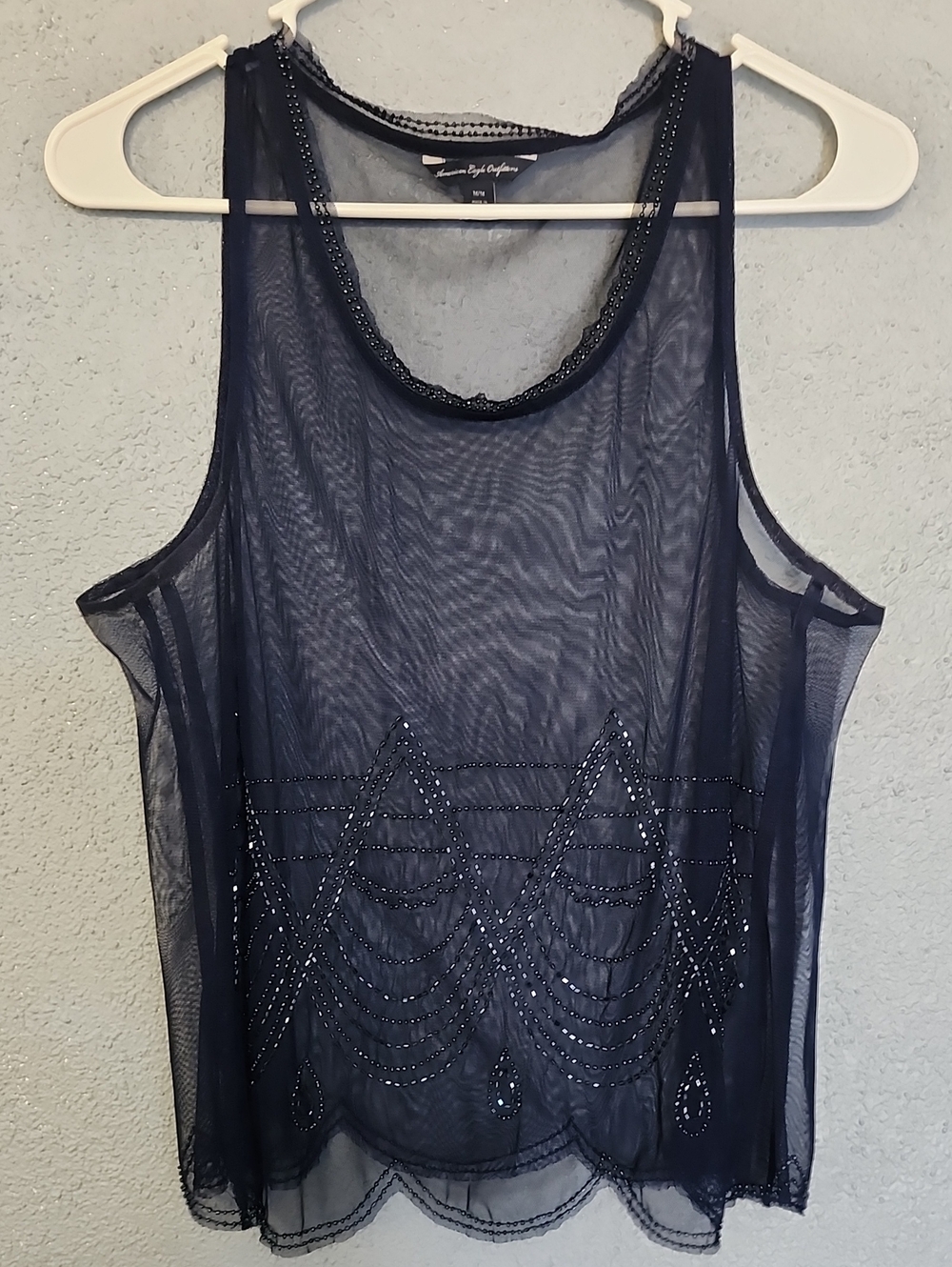 American Eagle Outfitters Navy Sheer Beaded Tank Top